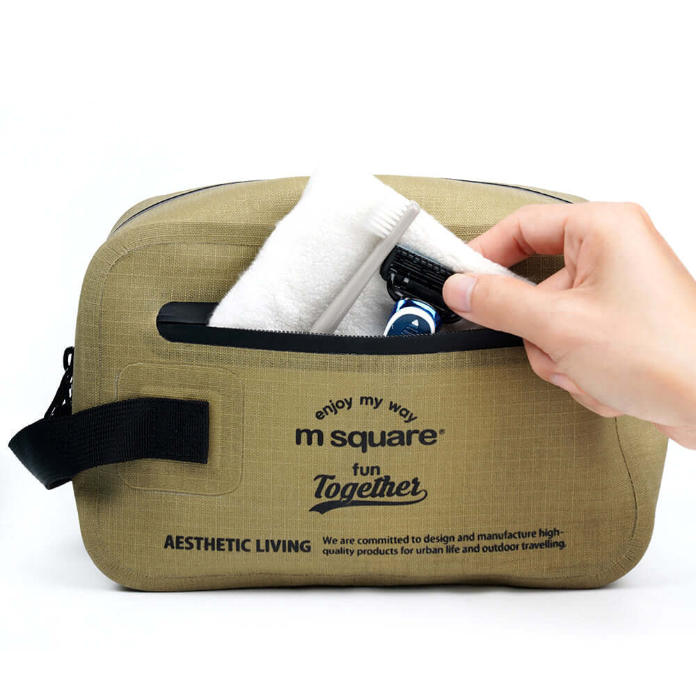 Front view of waterproof toiletry bag with zipper pocket