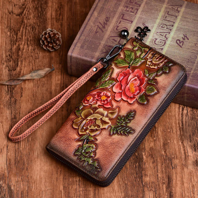 Detailed view of the embossed floral pattern on the wallet