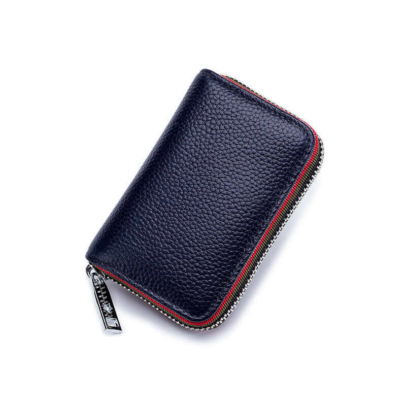 Fashionable RFID leather card holder in blue with colorful edges, perfect for secure and stylish card storage.