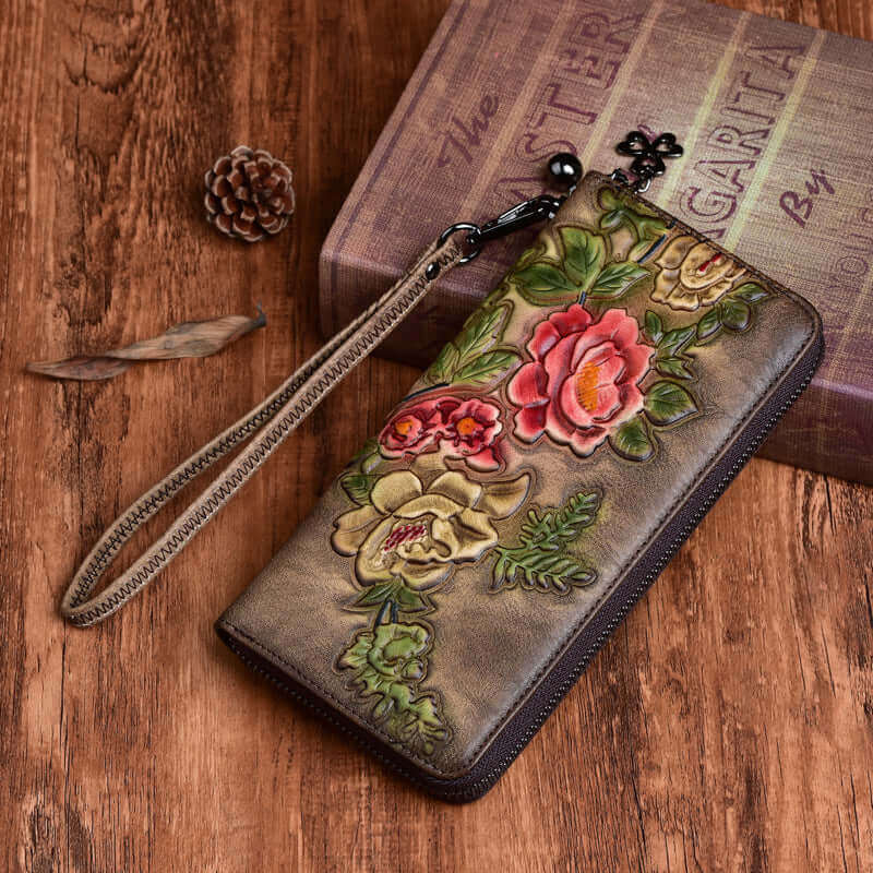 Floral embossed leather long wallet for women