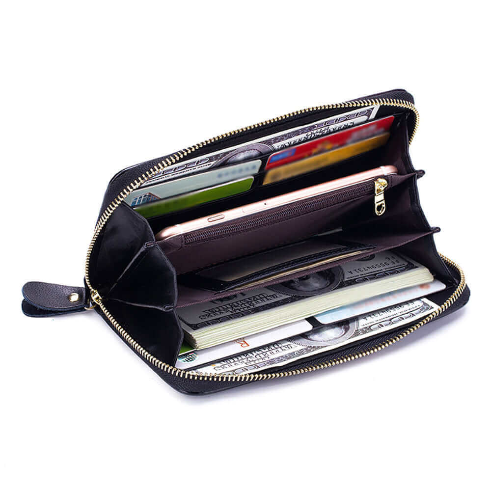 Interior of floral leather wallet showing card slots, zipper pouch, and mobile compartment.