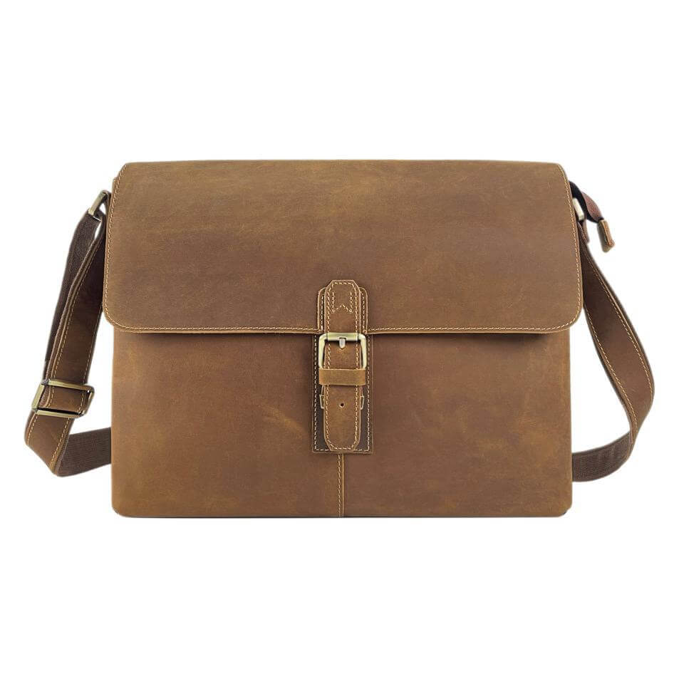 Front view of men's leather messenger bag with buckle closure.