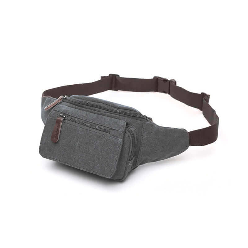 Functional men's canvas waist bag with practical design and multiple pockets.