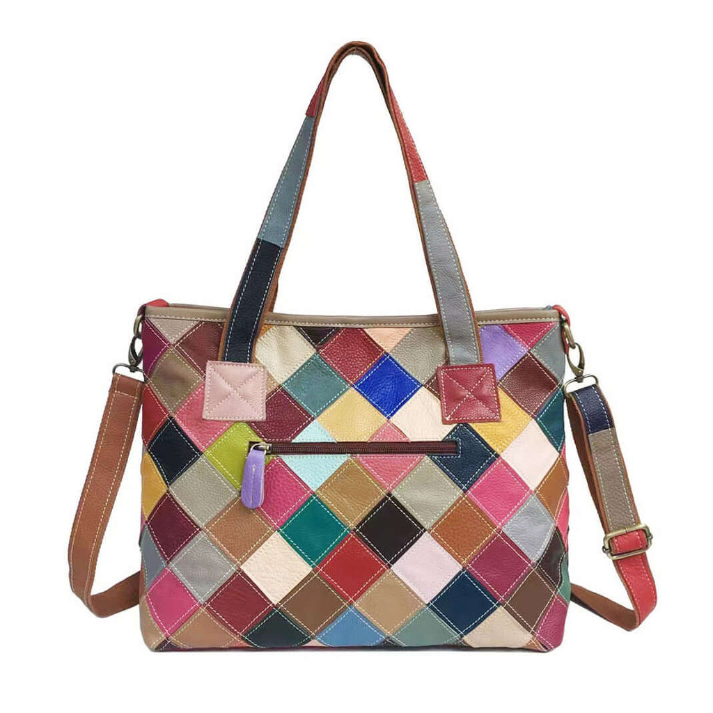 Back view of the genuine leather colorful patchwork tote bag