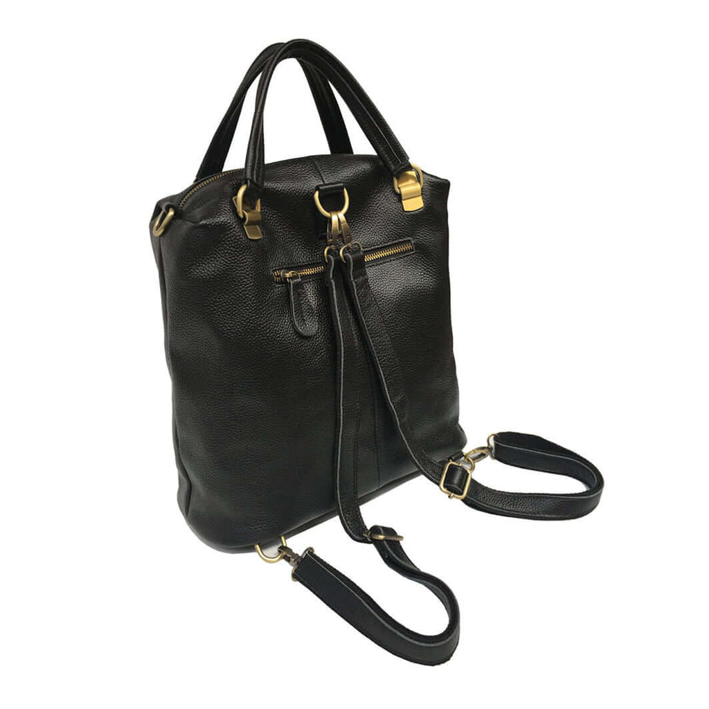 Back view of a women's genuine leather black backpack with adjustable straps.