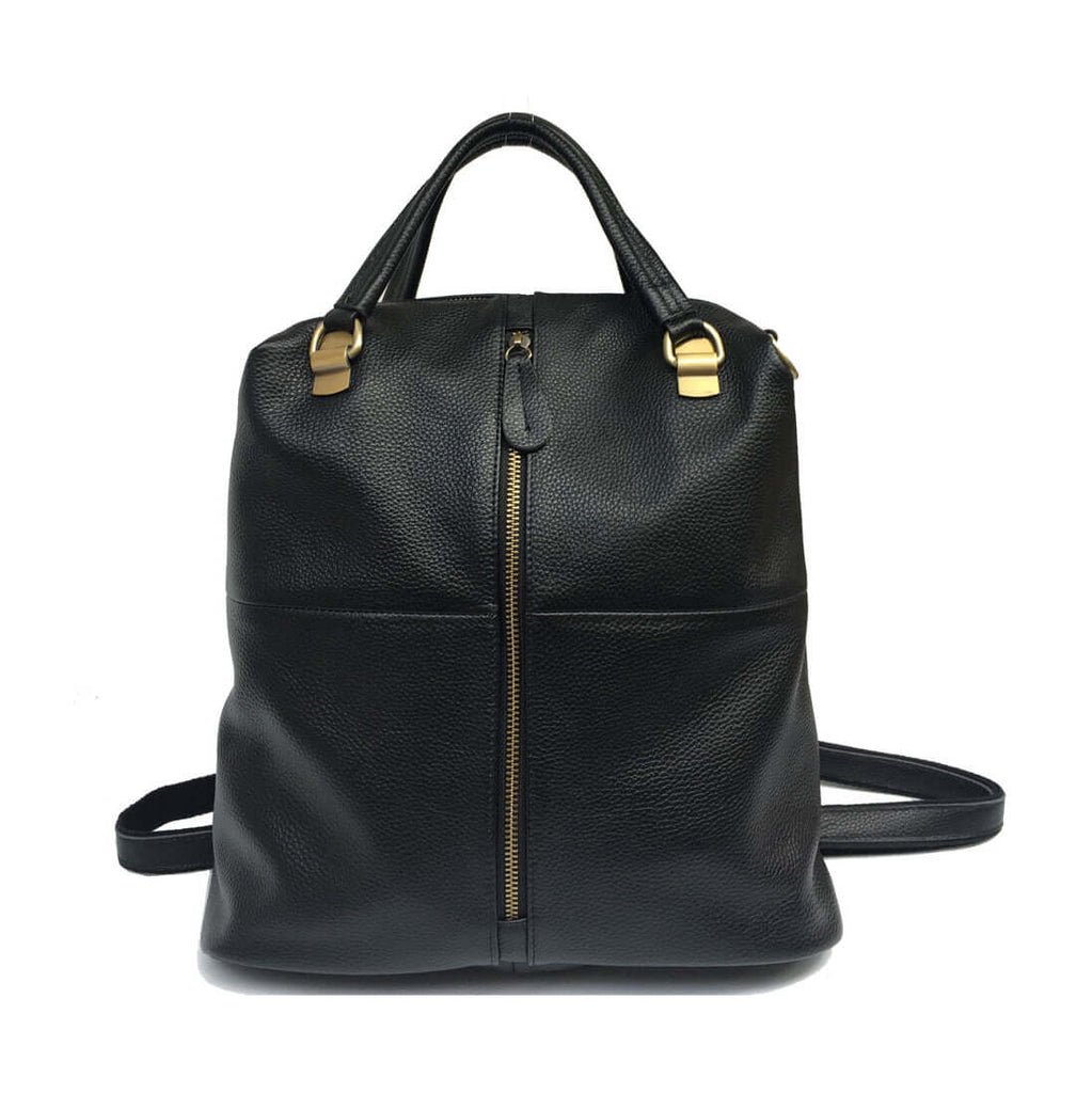 Front view of a women's genuine leather black backpack with multiple carrying styles.