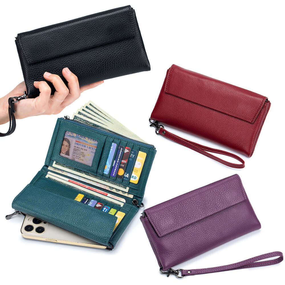 Genuine leather envelope wallet in black, red, and purple colors.