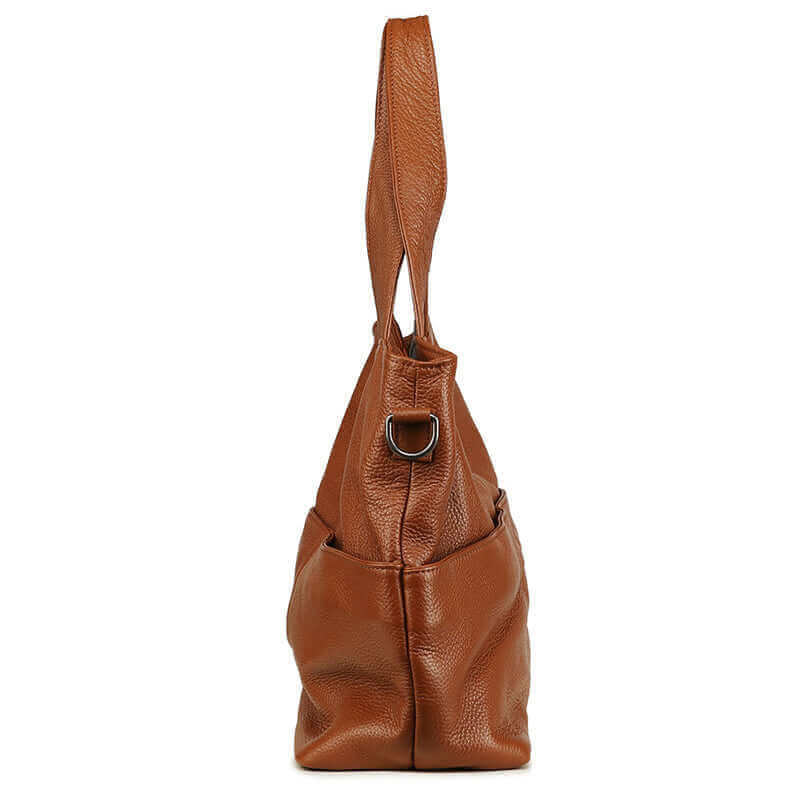 Side view of the genuine leather handbag with soft texture