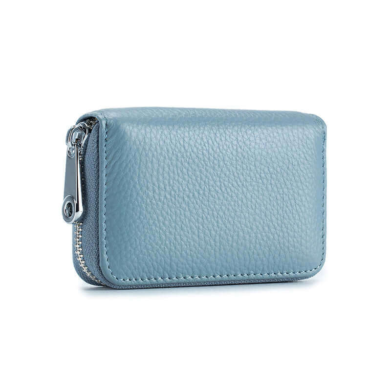 Genuine leather RFID card holder in blue, offering secure storage and a stylish look.