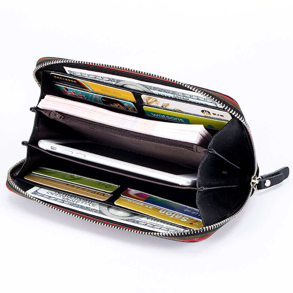 Women's genuine leather wallet NZ with colorful woven edge detail.