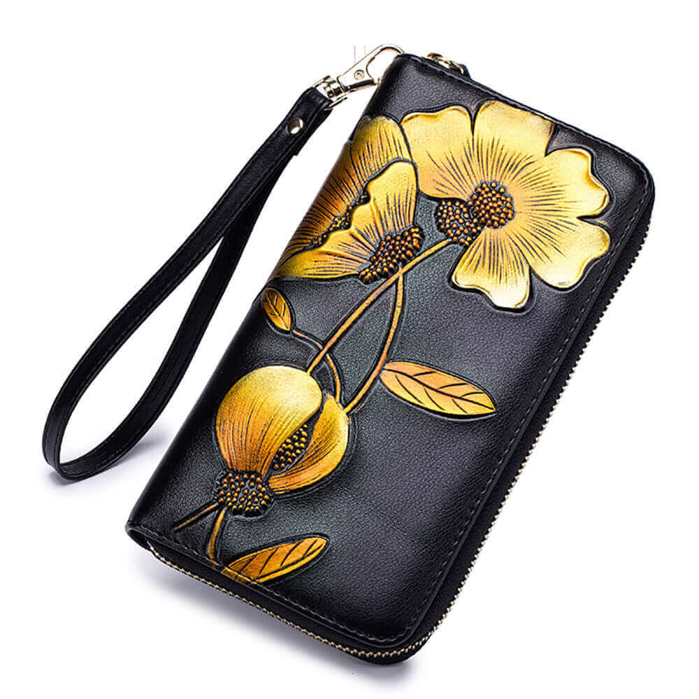 Gold embossed flower leather long wallet with wrist strap and RFID-blocking.