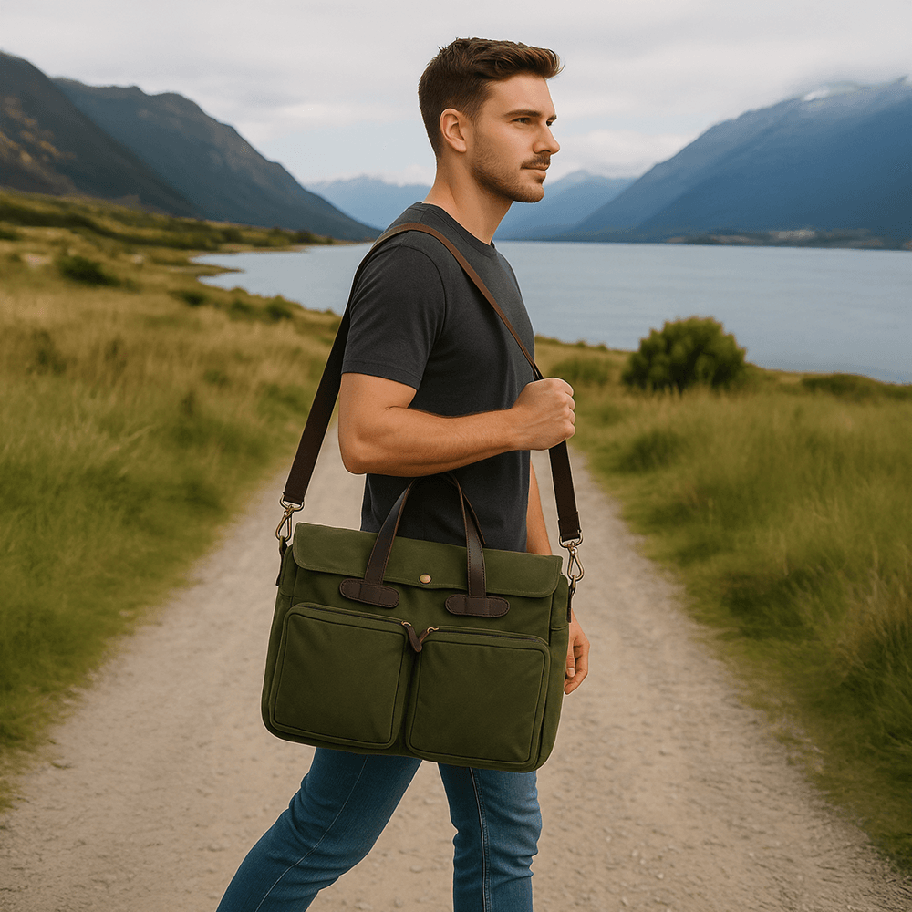 Men’s green waxed canvas shoulder messenger bag with brown leather
