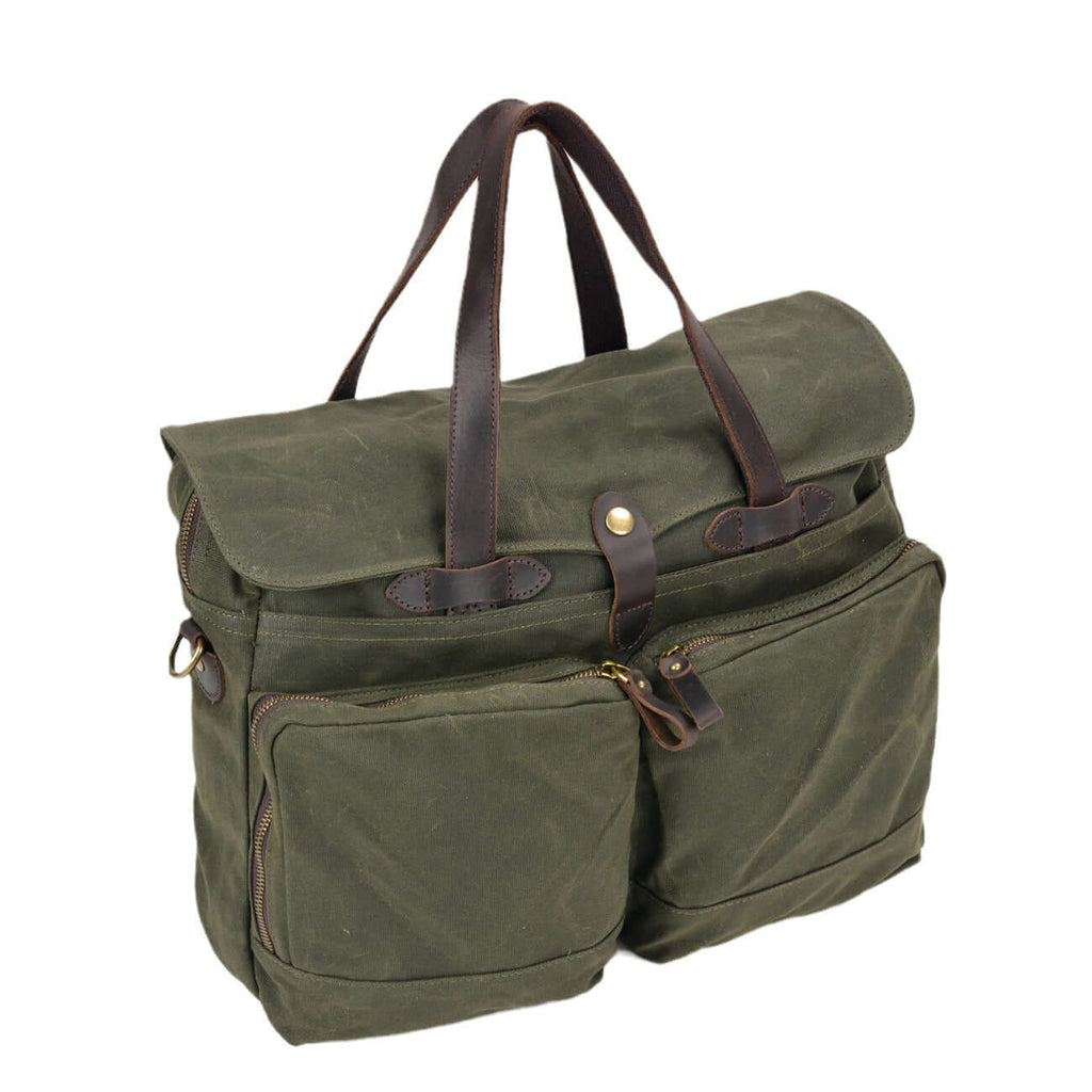 Men’s green waxed canvas shoulder messenger bag with brown leather