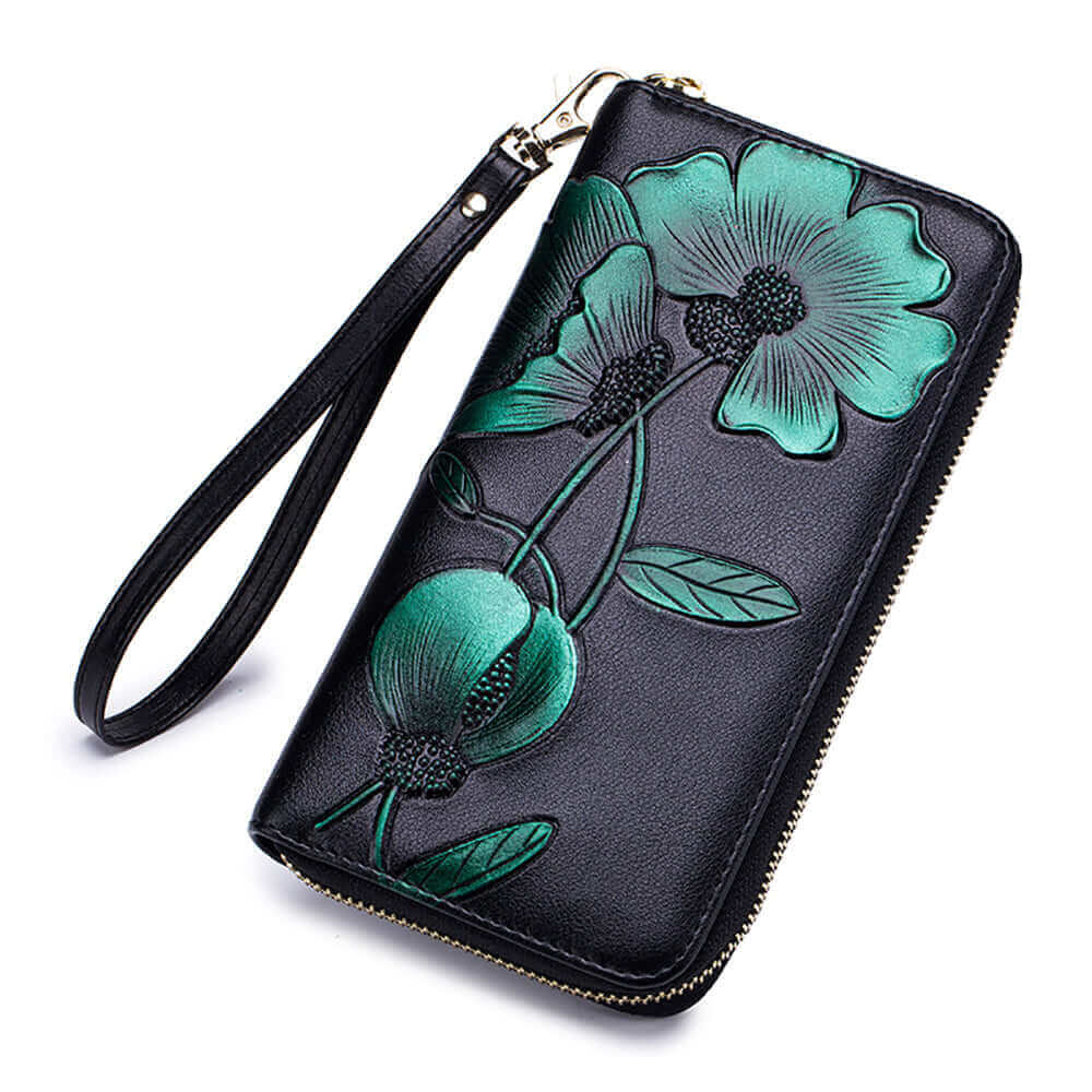 Green RFID-blocking floral leather wallet with hand-painted embossed design.