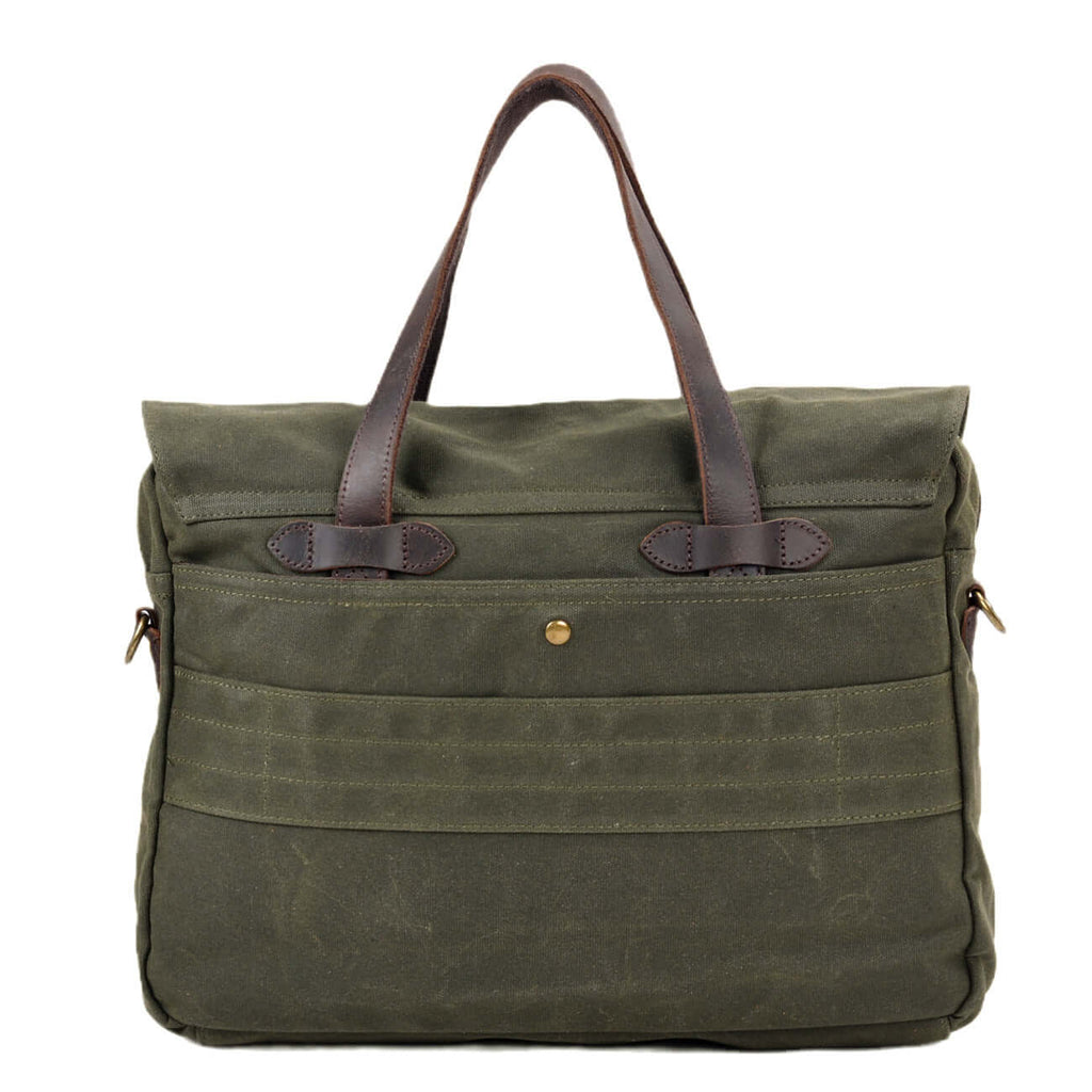 Green canvas and leather briefcase with double pockets and top handle