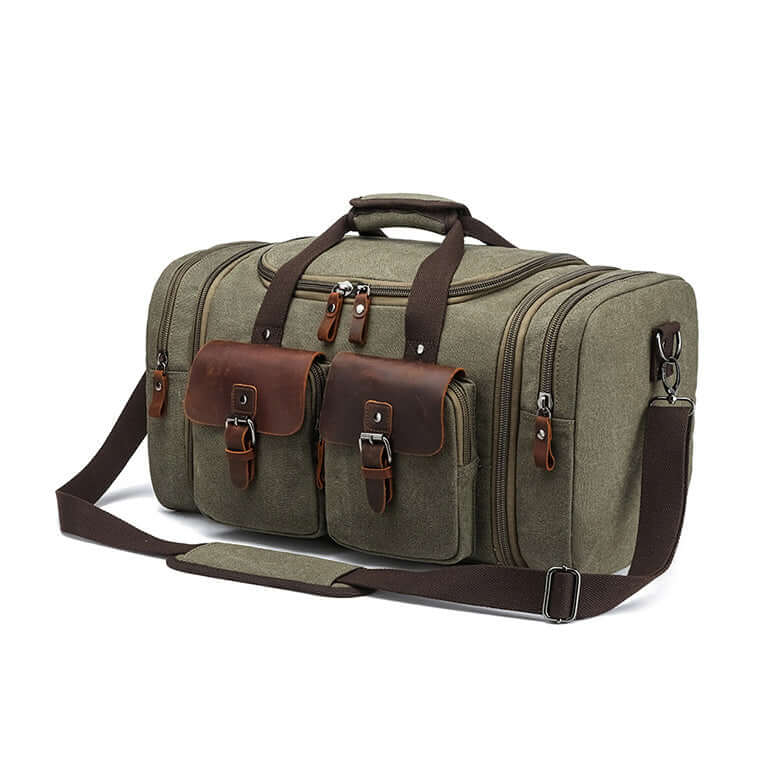 Green canvas duffel bag ideal for men’s short trips