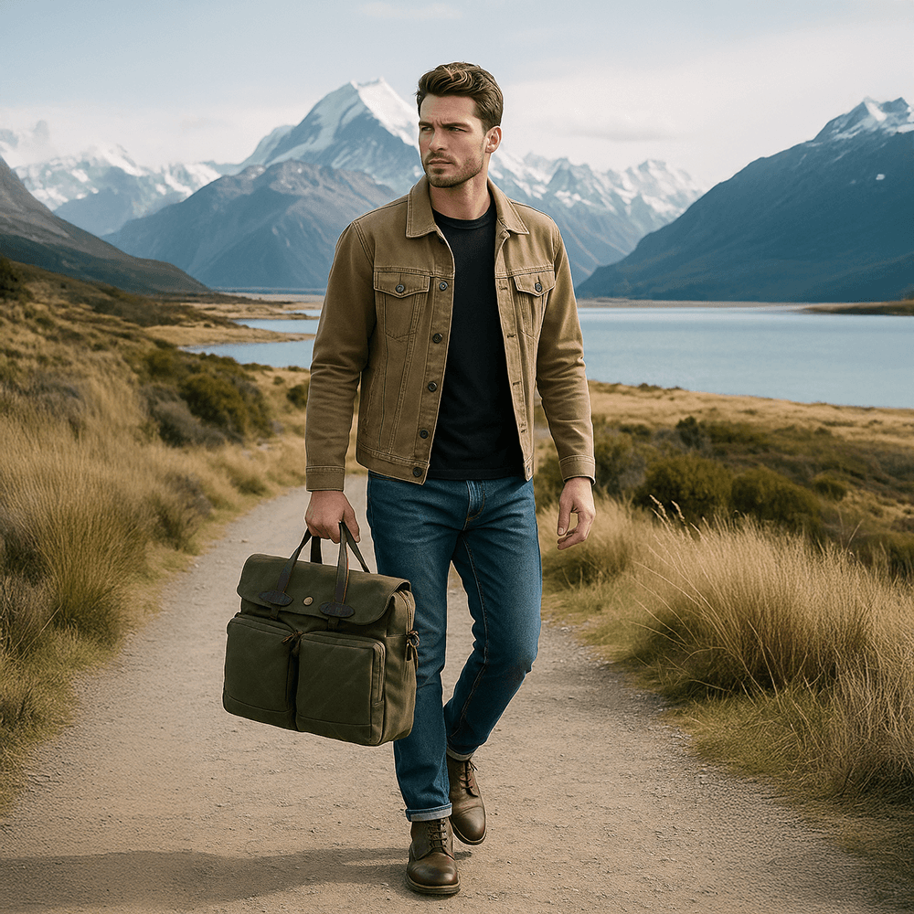Green waxed canvas 15.6 inch laptop bag for men – model show