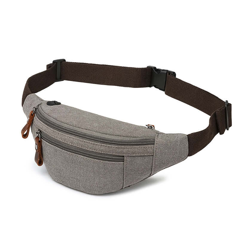 Grey bum bag worn on waist – compact and lightweight option