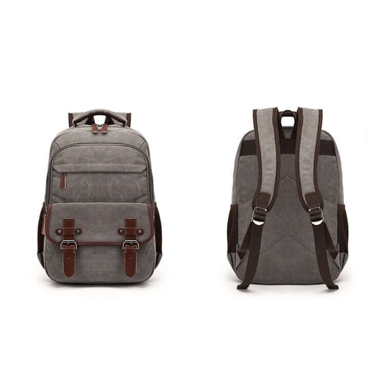 Multi-layer storage of grey canvas backpack for work