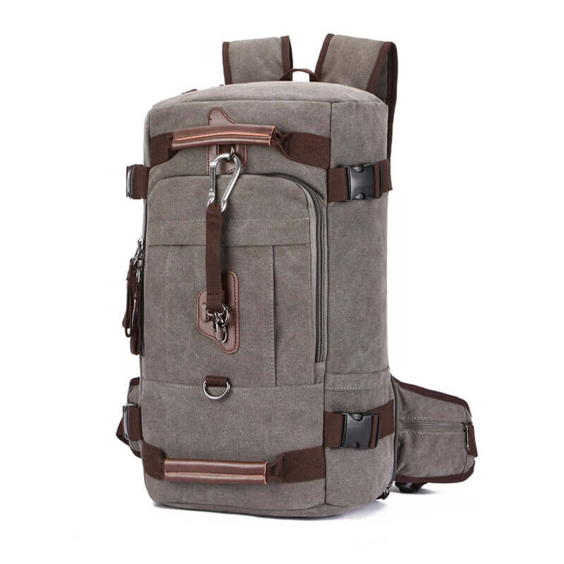 Versatile canvas backpack and duffle bag for outdoor adventures, featuring side zipper opening and multiple compartments.