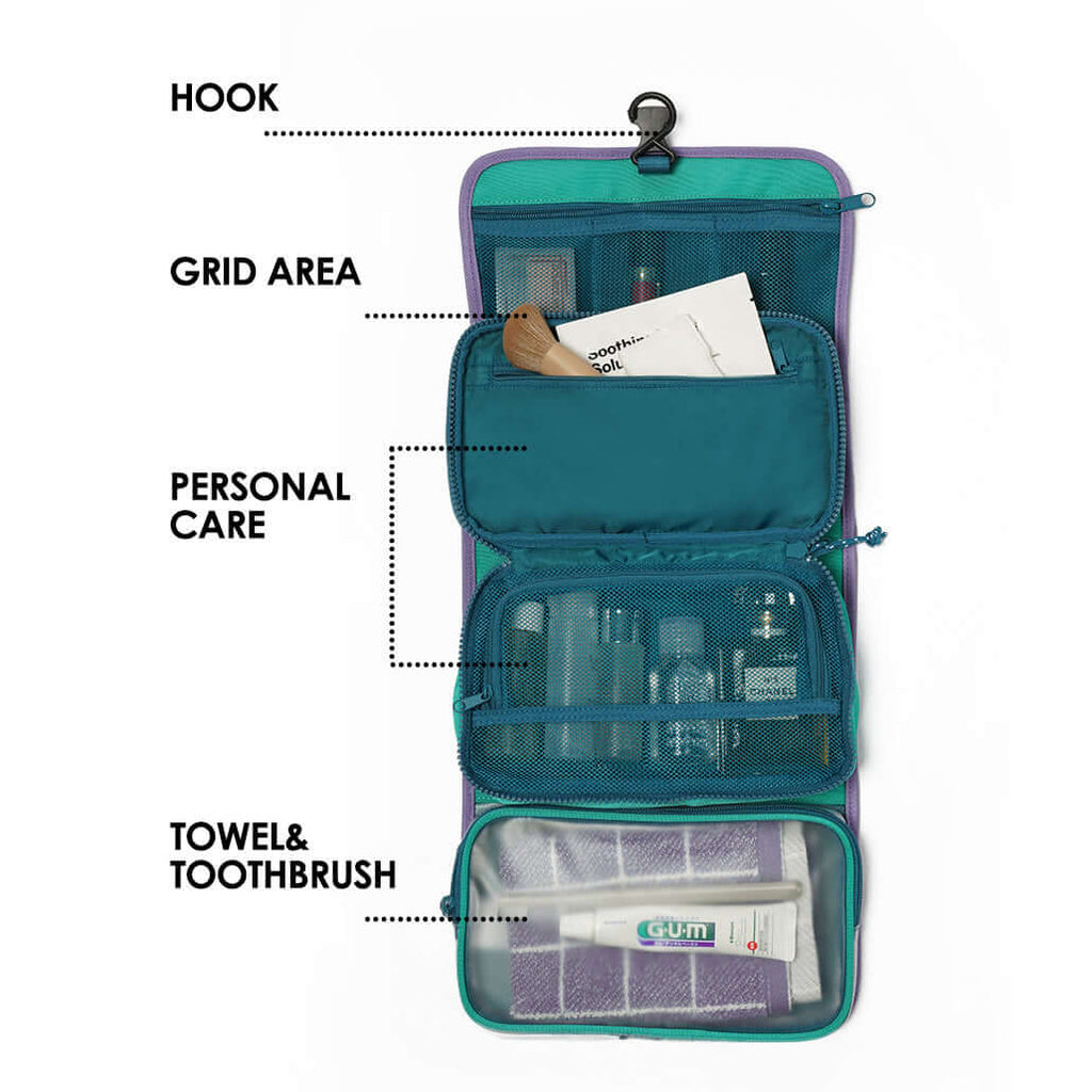 Open hanging travel toiletry bag showcasing storage compartments