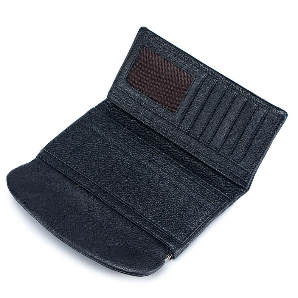 Open view of a high-quality leather wallet, showcasing its card slots and money compartments.