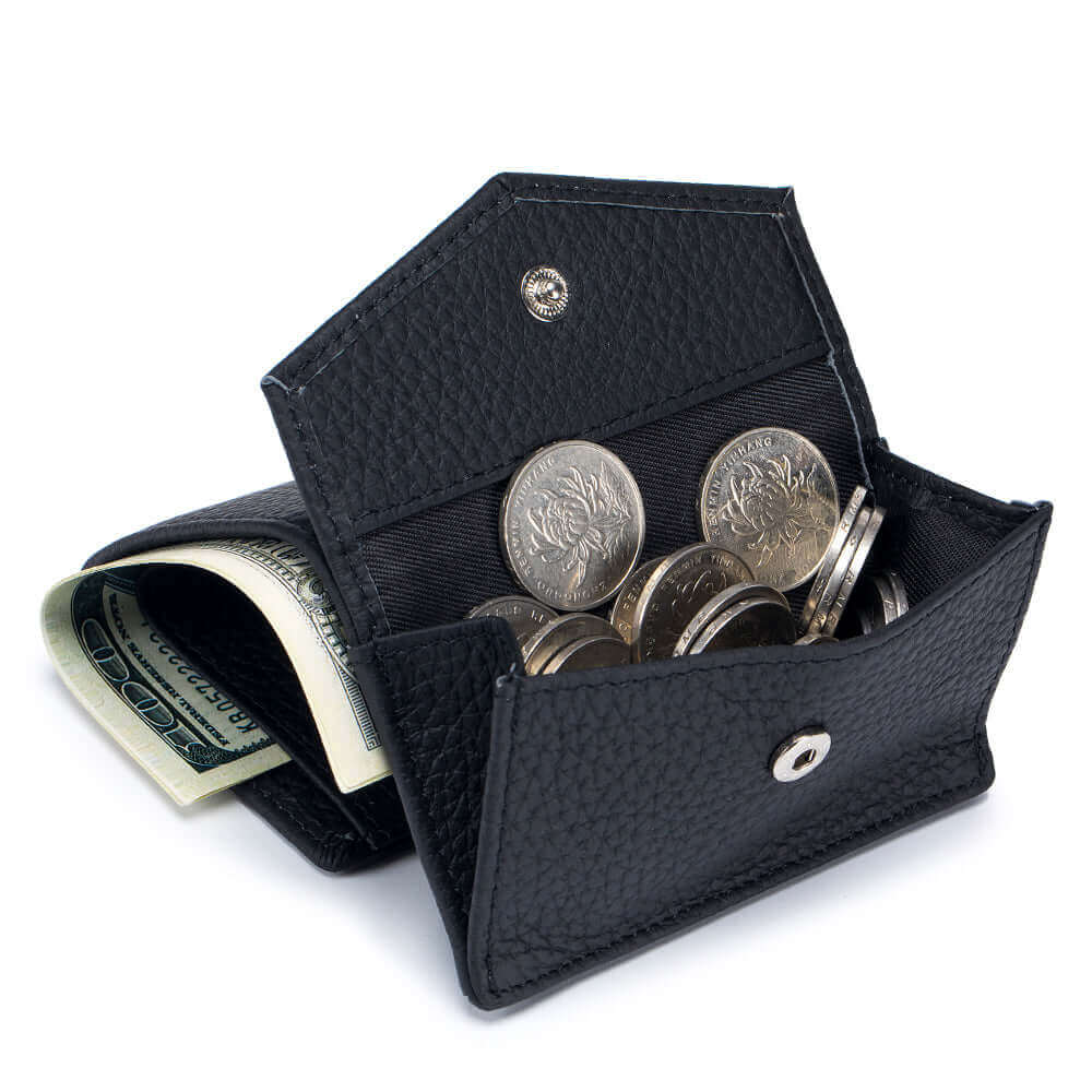 Ladies' wallet opened to reveal coin slot and cash compartment