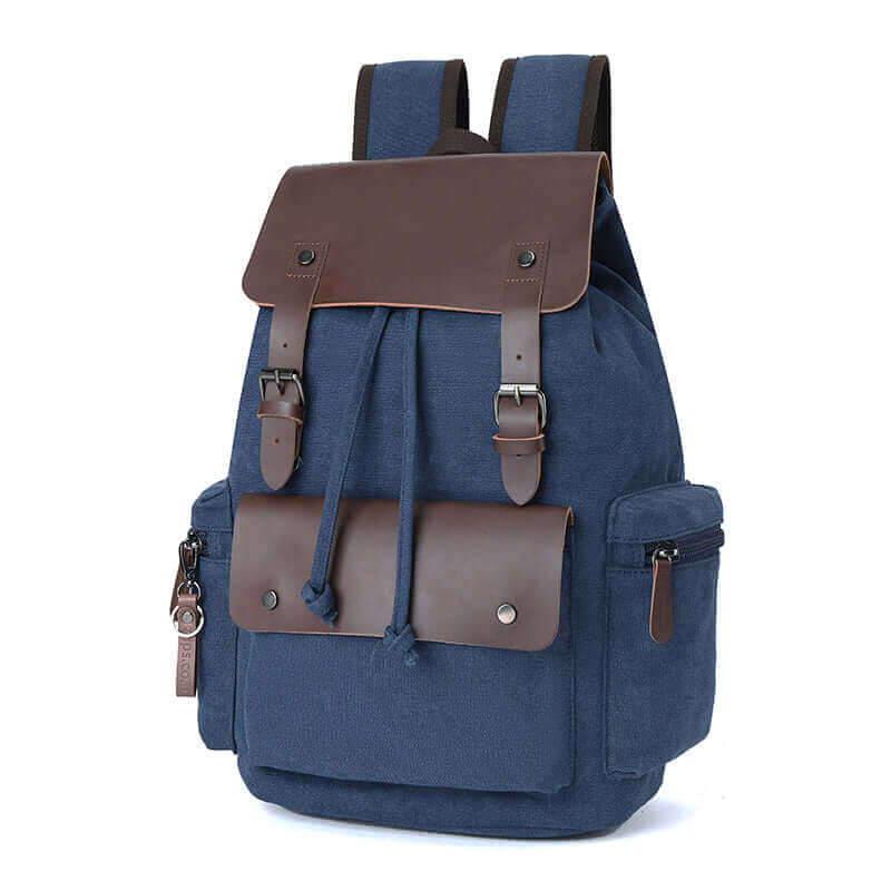 Leather and canvas backpack with a vintage feel, featuring practical pockets and a spacious interior.