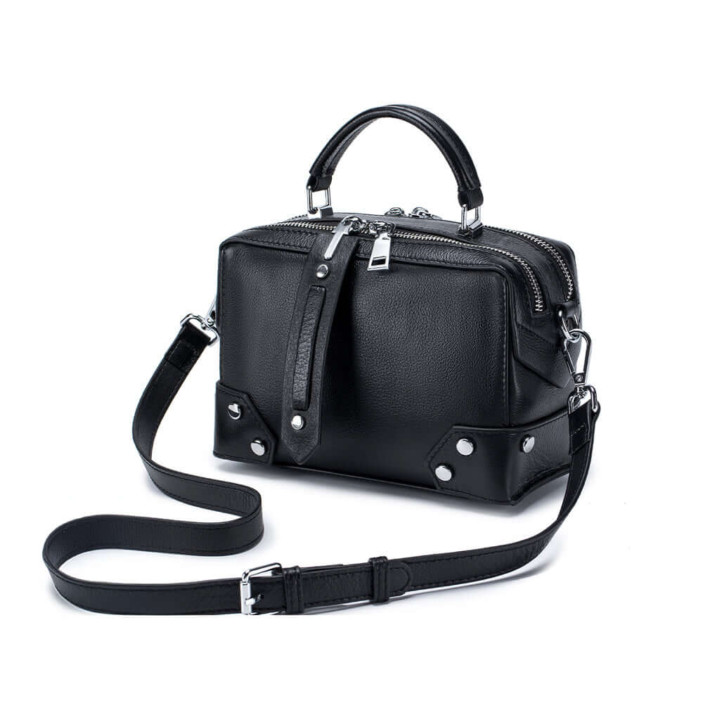 Black leather Boston satchel with European style.