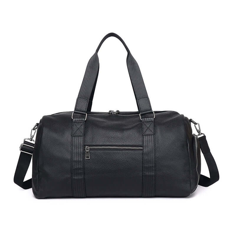 Back of the black leather travel bag with zip pocket