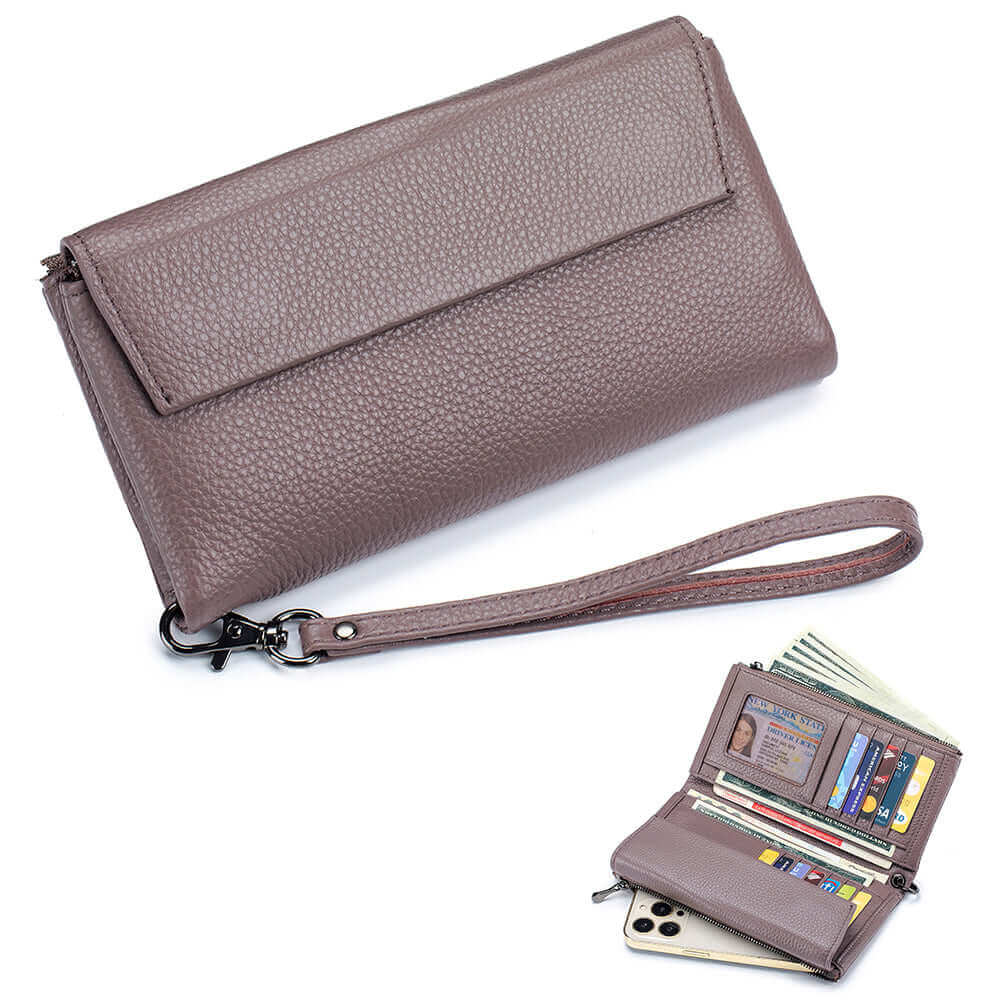 Purple leather envelope long wallet with a soft and luxurious texture.