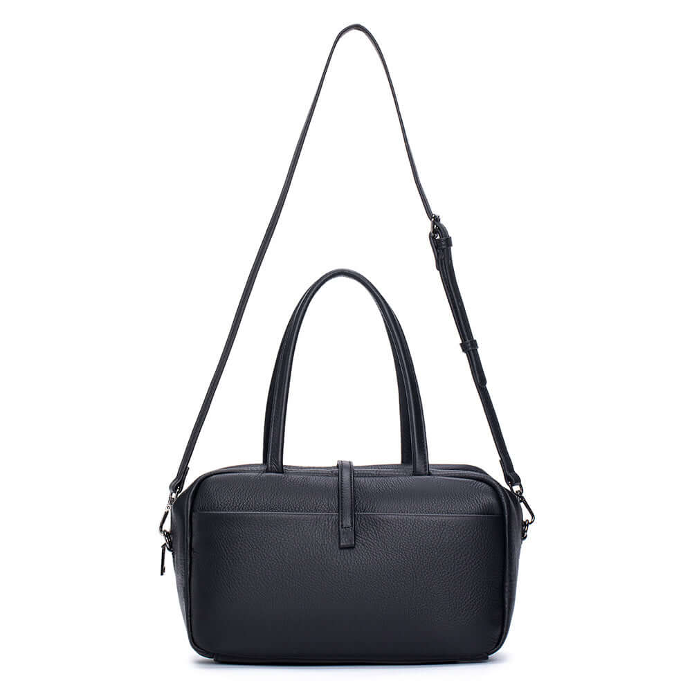 Black leather structured handbag with dual handles

