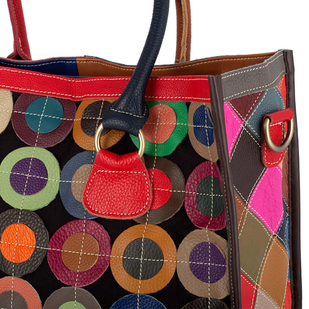 Close-up of leather patchwork handbag details