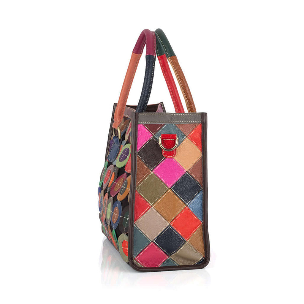 Side view of genuine leather colorful handbag