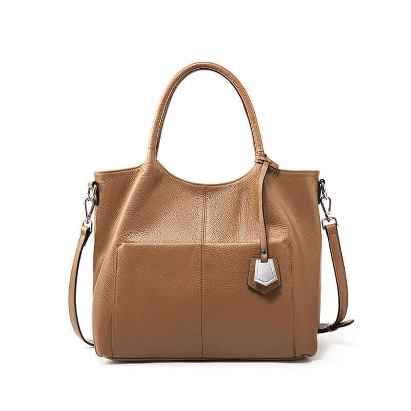 Front view of elegant leather handbag shoulder bag with soft leather.