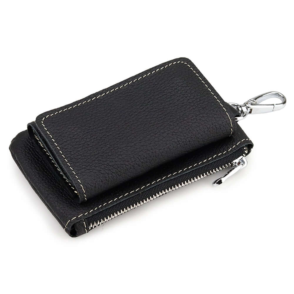 Front view of black genuine leather key holder wallet