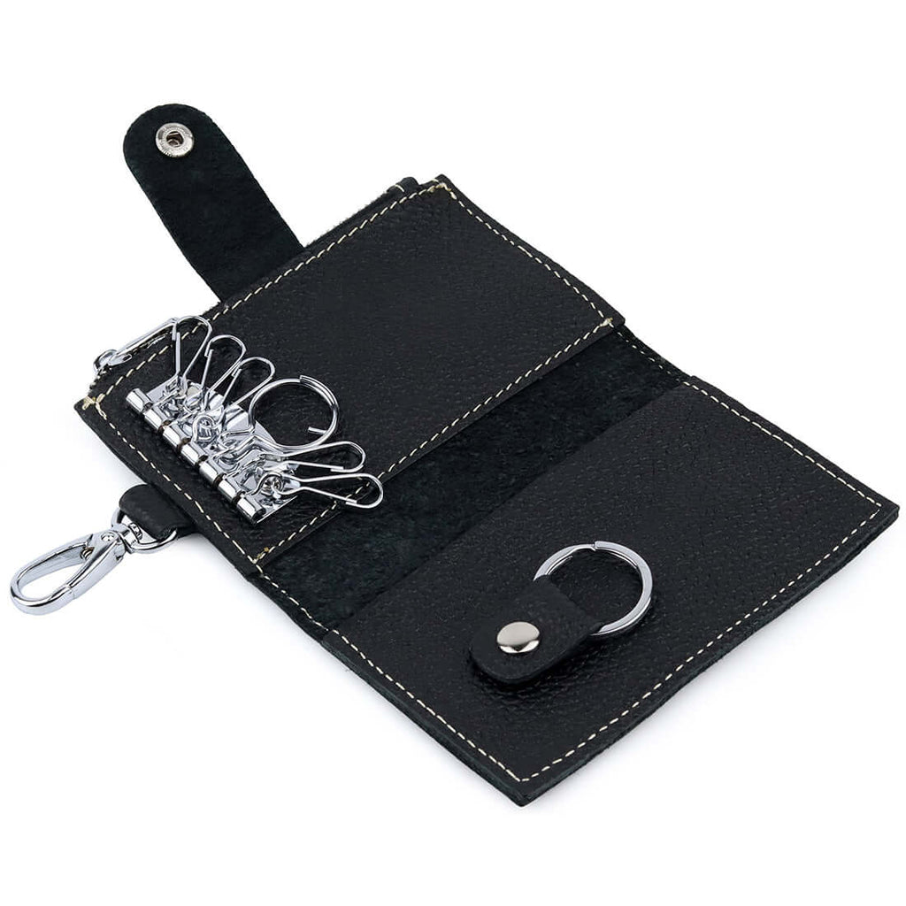 Leather wallet open with key rings and card slots