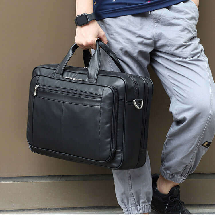 Versatile carrying options for the Men's Leather Laptop Bag.