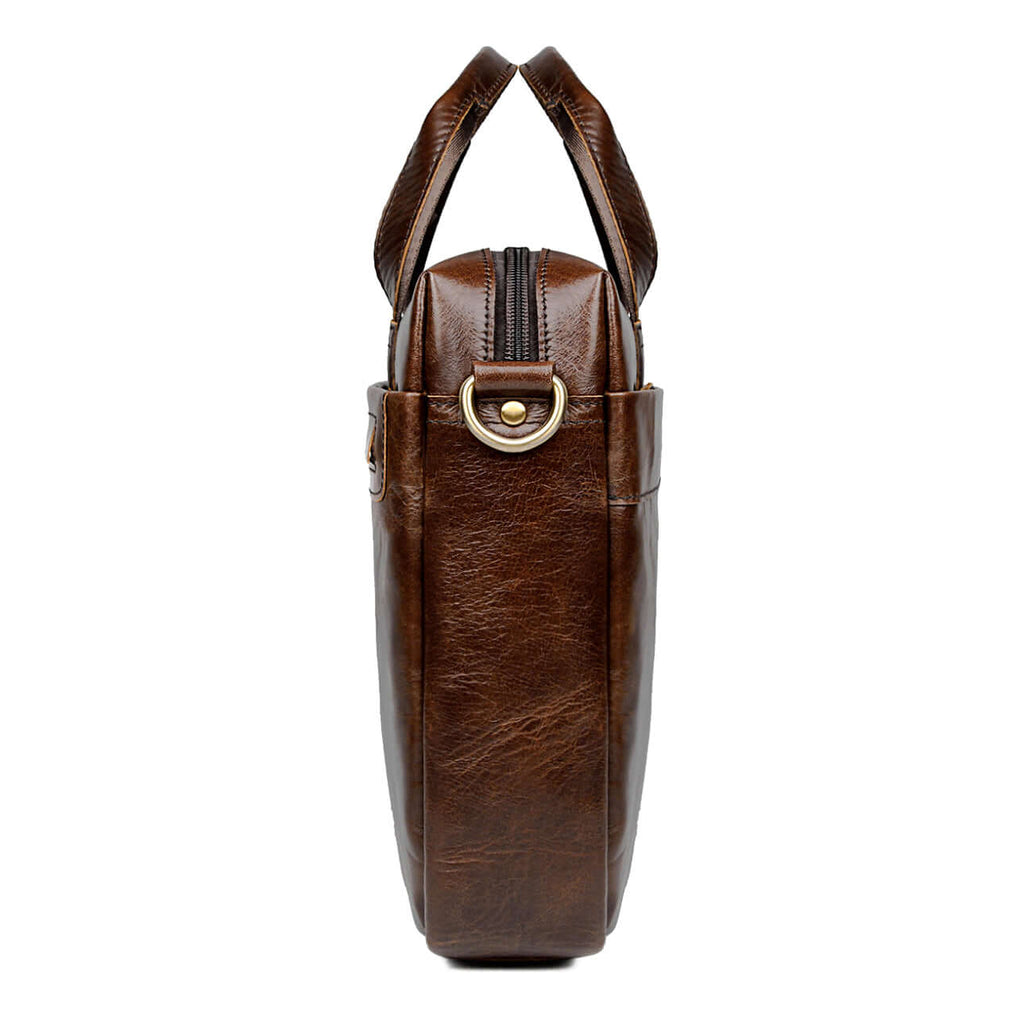 Side view of stylish brown leather laptop briefcase.