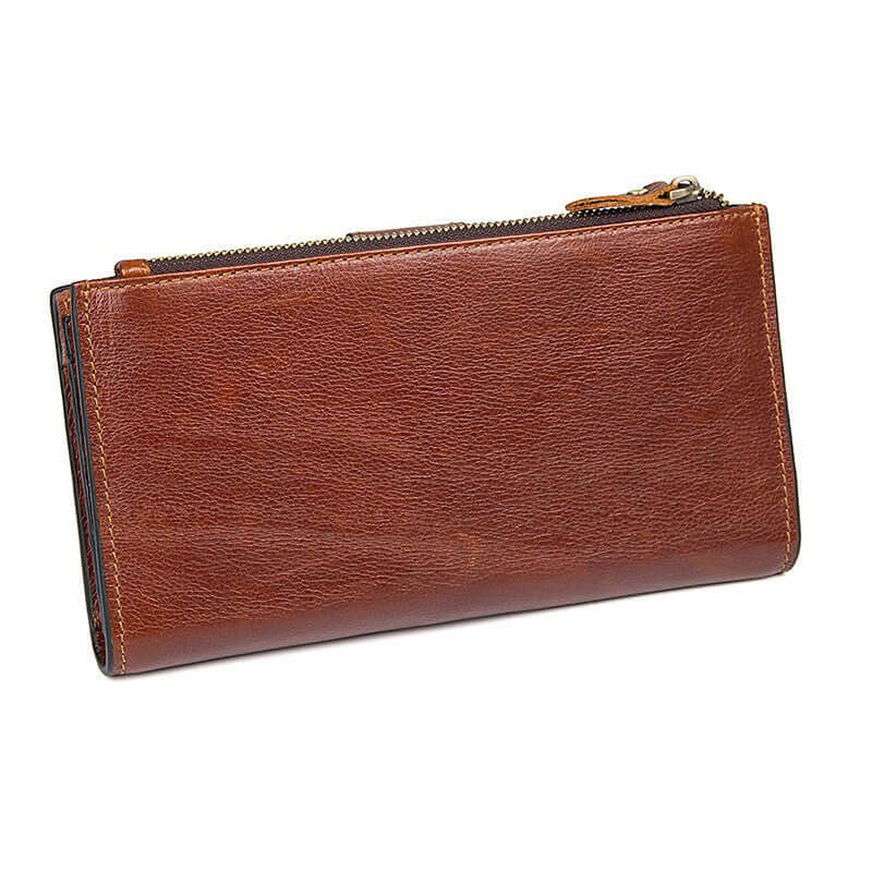 Back view of men's and women's leather long wallet.