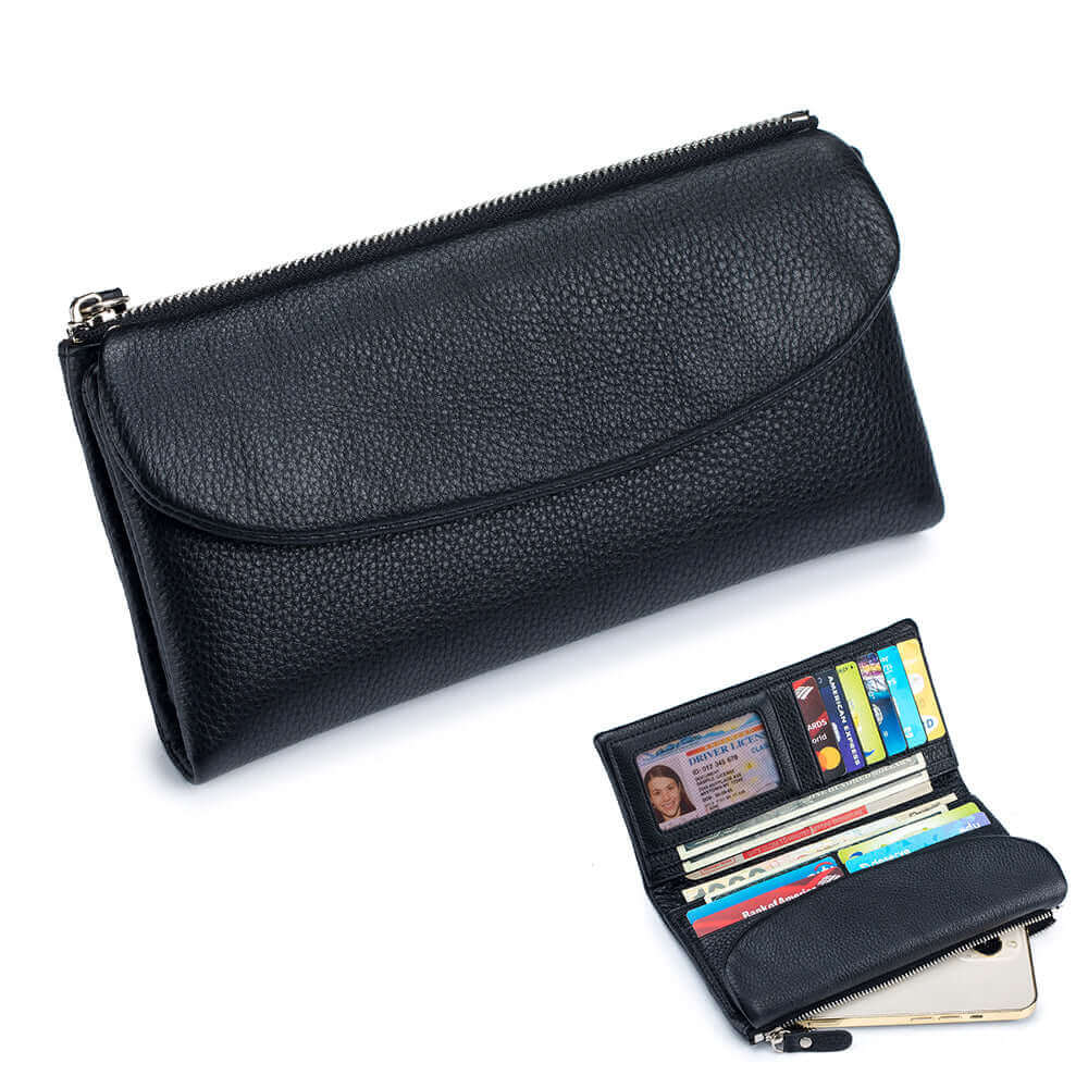 Black leather long wallet, perfect for a sophisticated look.