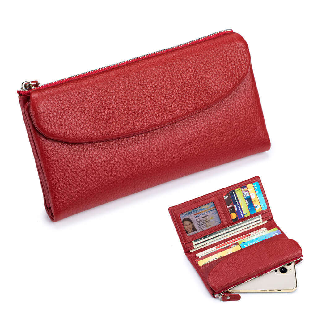 Red leather long wallet showcasing its elegant design.