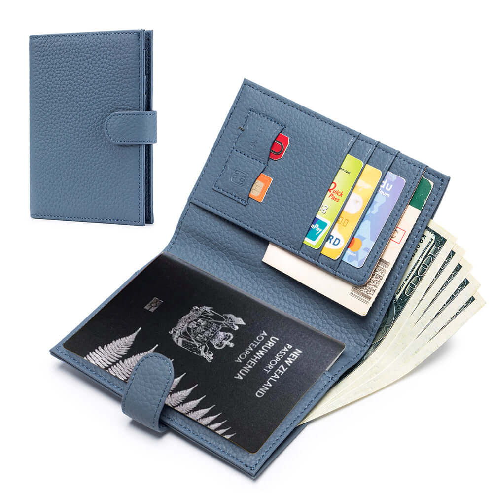 Blue leather RFID travel wallet with card and passport slots
