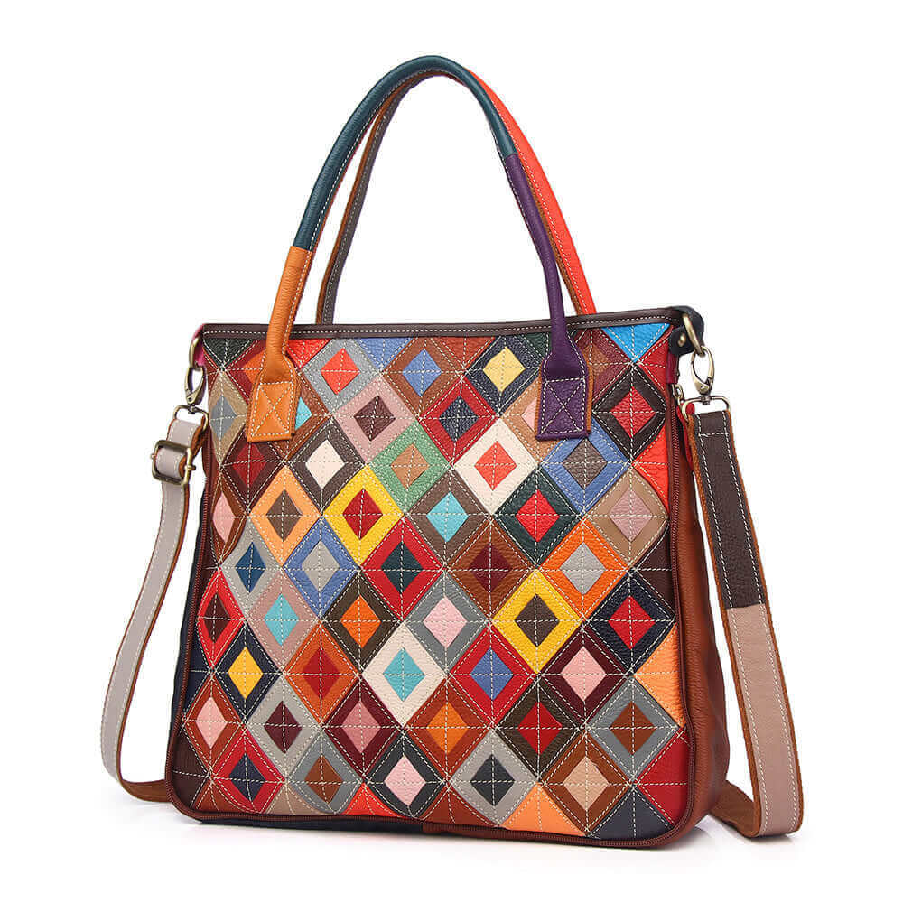 Front view of colourful leather patchwork handbag with unique design.

