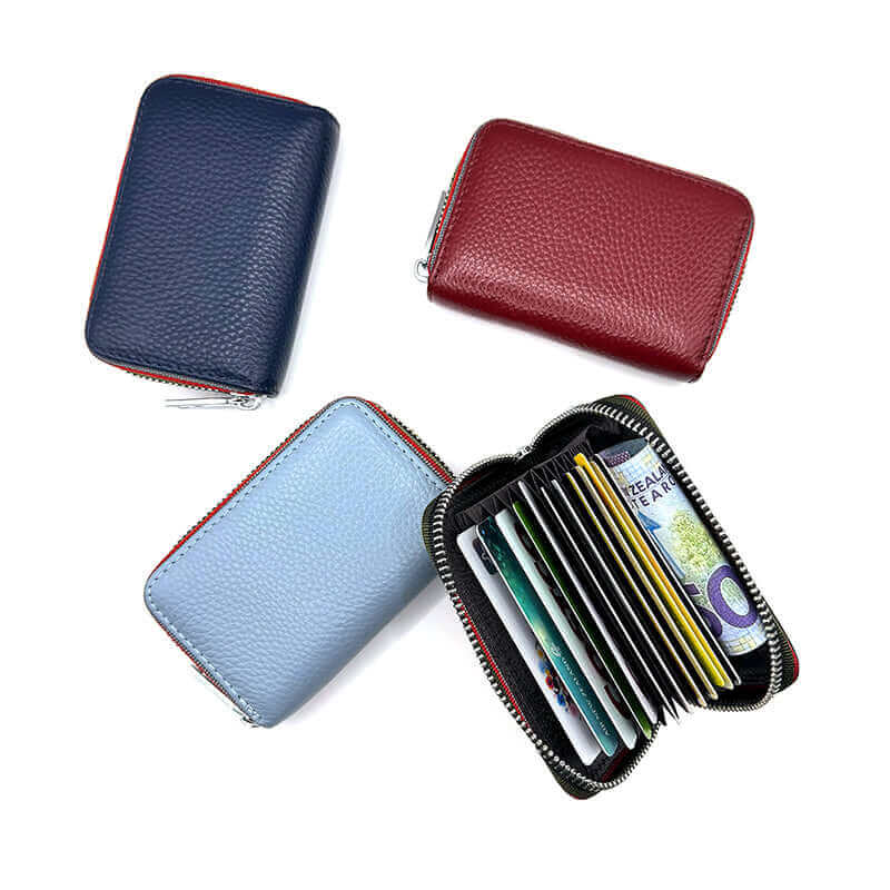 Leather RFID card holder available in multiple colors with a unique woven edge design and 12 card slots.