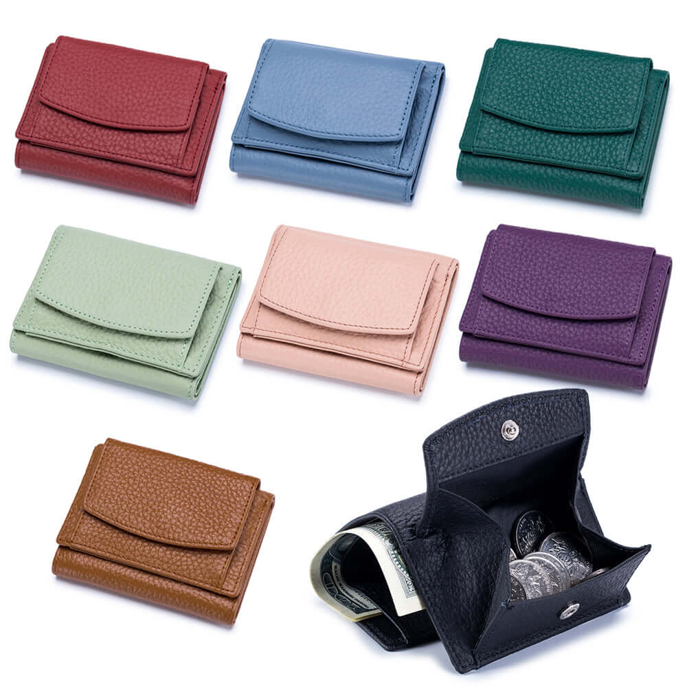 Leather RFID mini wallet for women, offering compact storage for cards, cash, and coins.