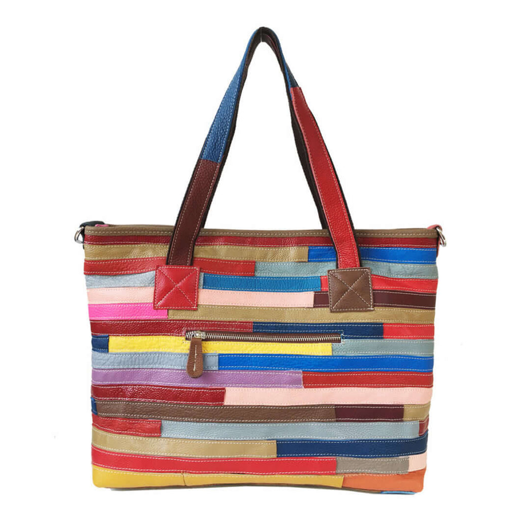 Back view of the genuine leather tote bag with vibrant patchwork details