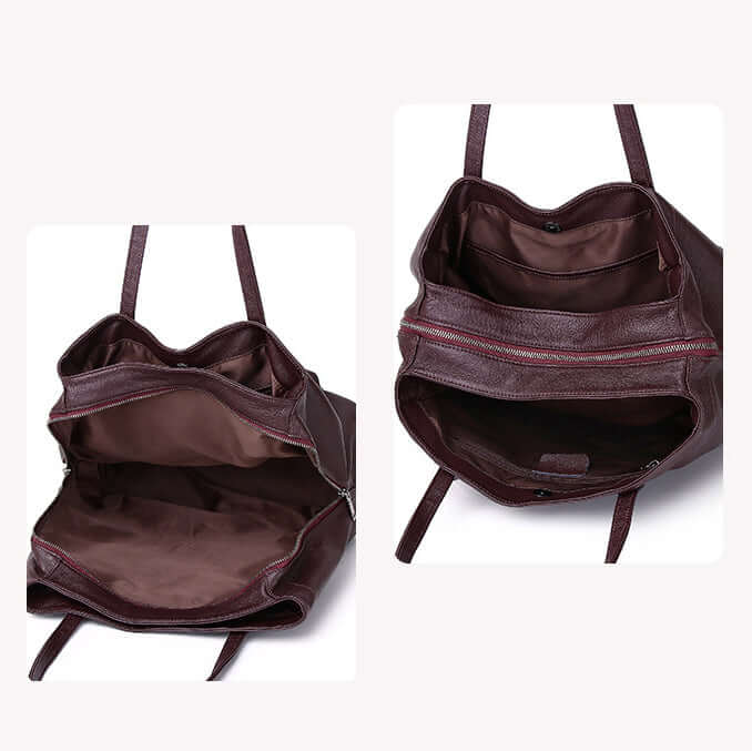 Interior compartments of women’s leather tote bag for organised storage