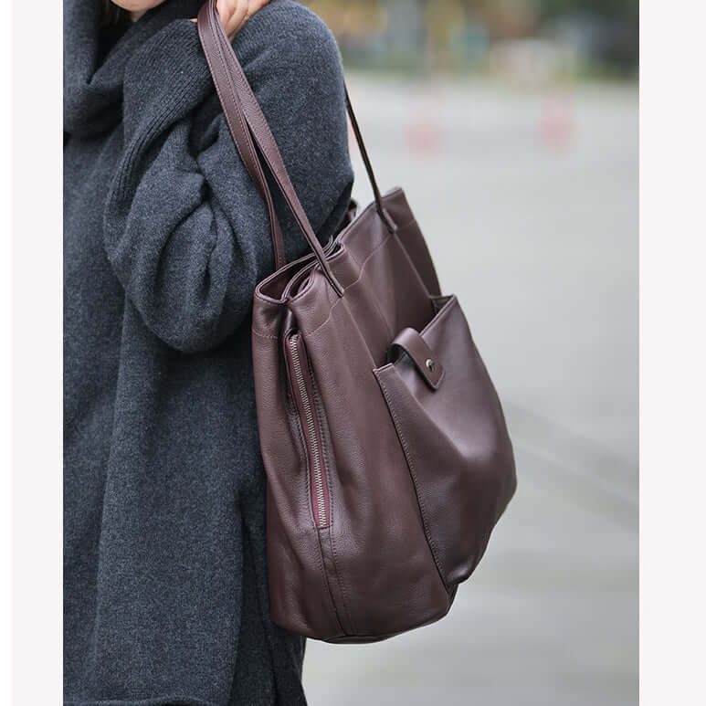 Side view of spacious genuine leather tote with soft structure