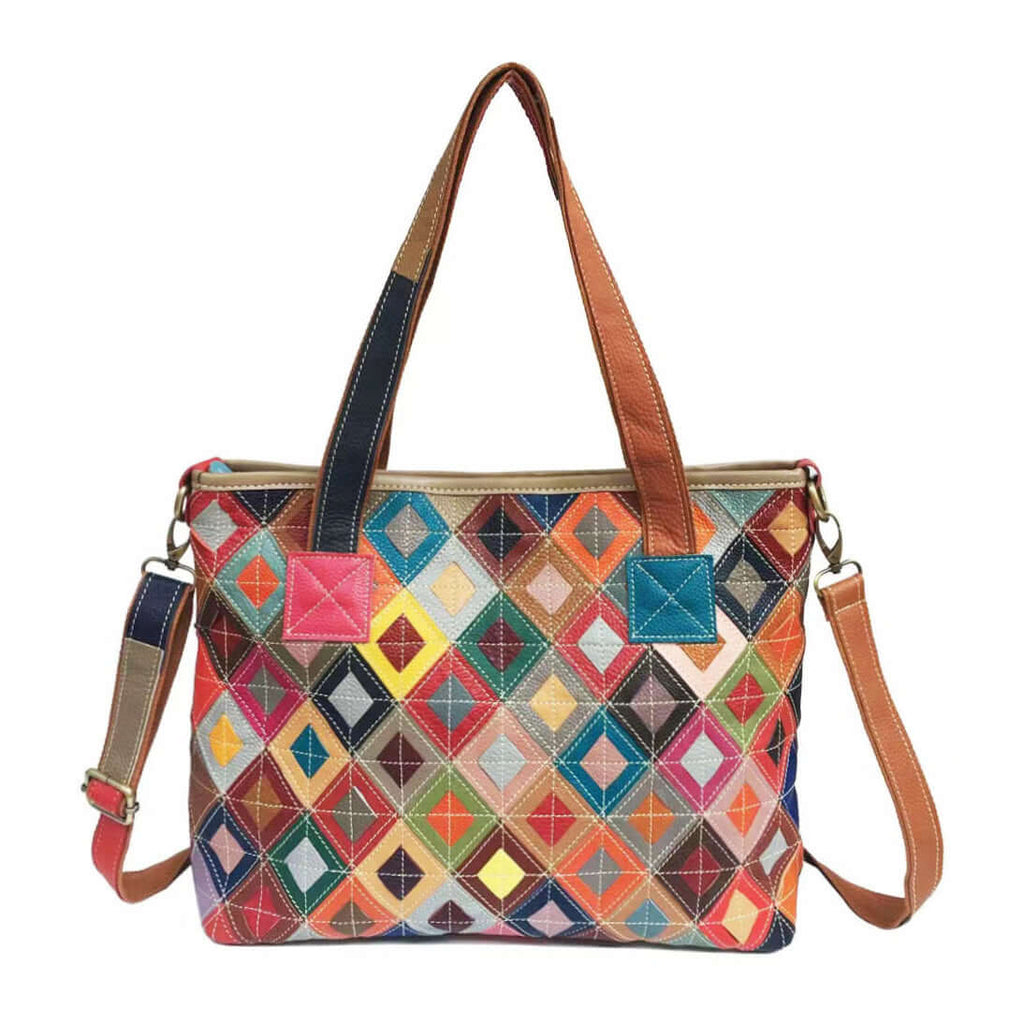 Adjustable straps of the colorful leather tote bag for versatile use